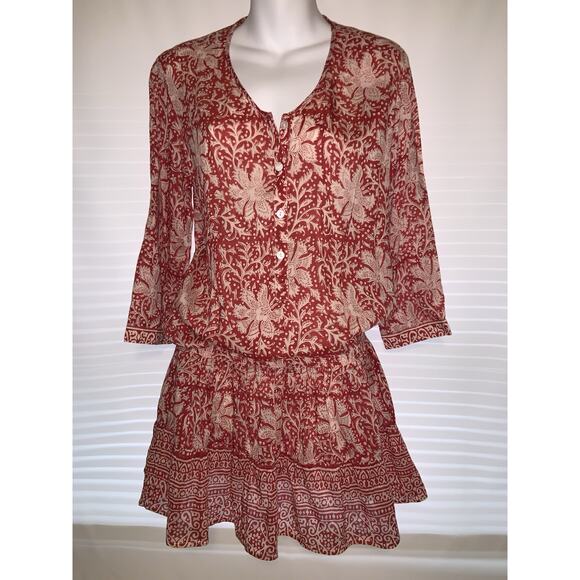 Bell By Alicia Bell Red Smocked Mini Dress Size Small Button Down Floral - Picture 3 of 9
